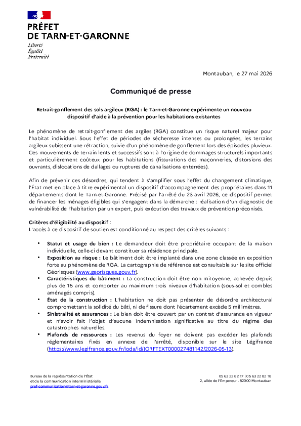 Communiqué > Retrait-gonflement des sols argileux (RGA) : le Tarn-et-Garonne expérimente un nouveau dispositif d’aide